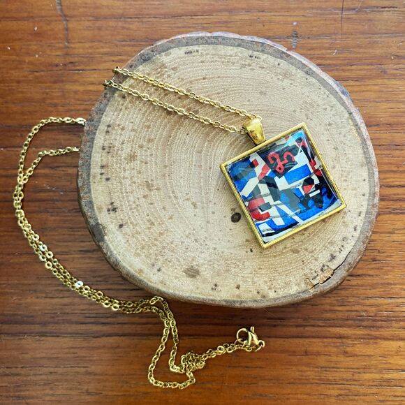 Square Red White and Blue Vintage US Postal Stamp Pendant Necklace 24" Chain - Picture 2 of 6